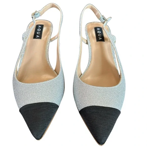 Aqua  Koko Pointed Toe Slingback Pumps Silver Glitter Kitten Heel NEW 8 - Picture 4 of 10